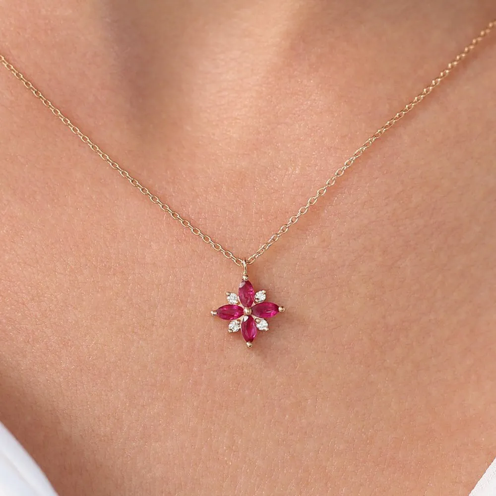 14K Floral Design Marquise Ruby and Diamond Pendant
