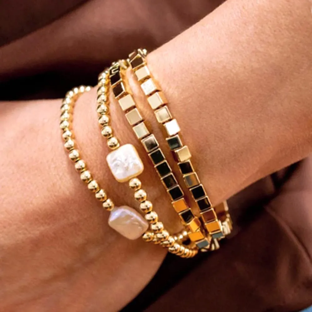 14k Gold Filled Bracelet with Square Freshwater Pearl 4mm Stretch to Fit