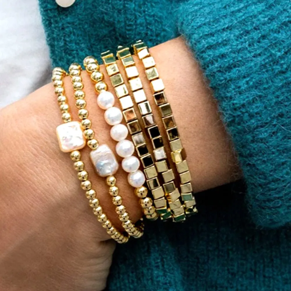 14k Gold Filled Bracelet with Square Freshwater Pearl 4mm Stretch to Fit