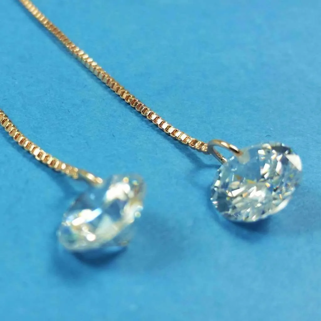 14K Gold Plated Naked OB 2Ct Crystals Thread Drill Sparkly Earrings for Woman