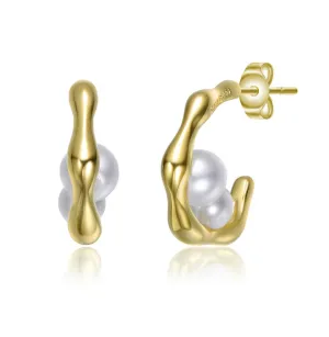 14k Gold Plated with Curved Design and Pearl Accent Modern Huggie Earrings