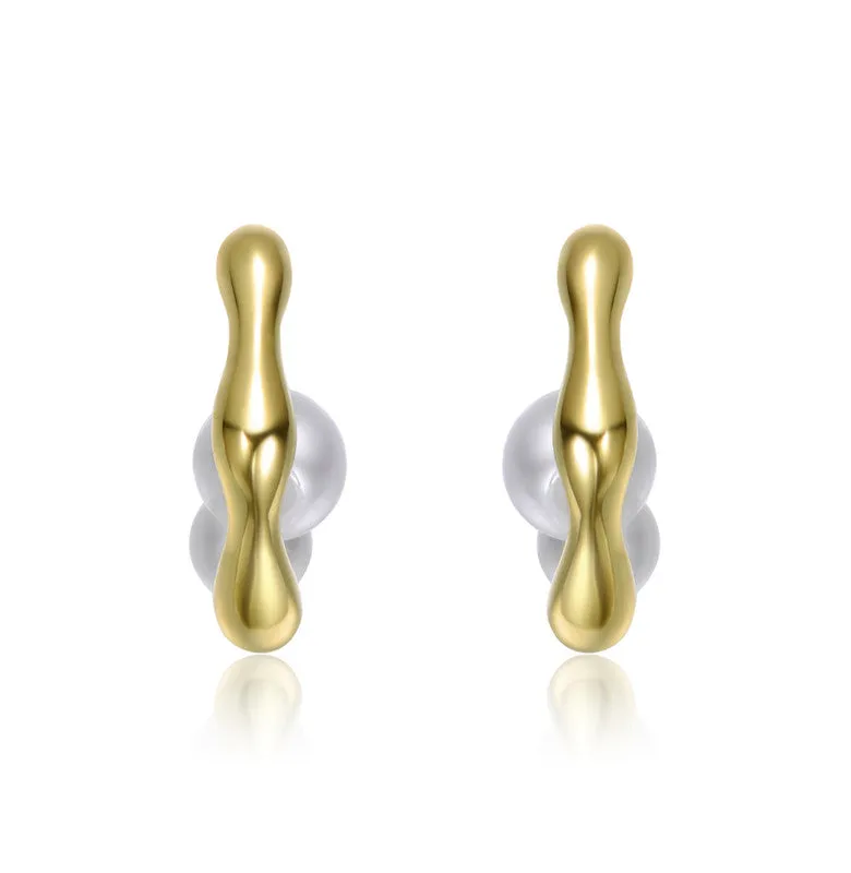 14k Gold Plated with Curved Design and Pearl Accent Modern Huggie Earrings