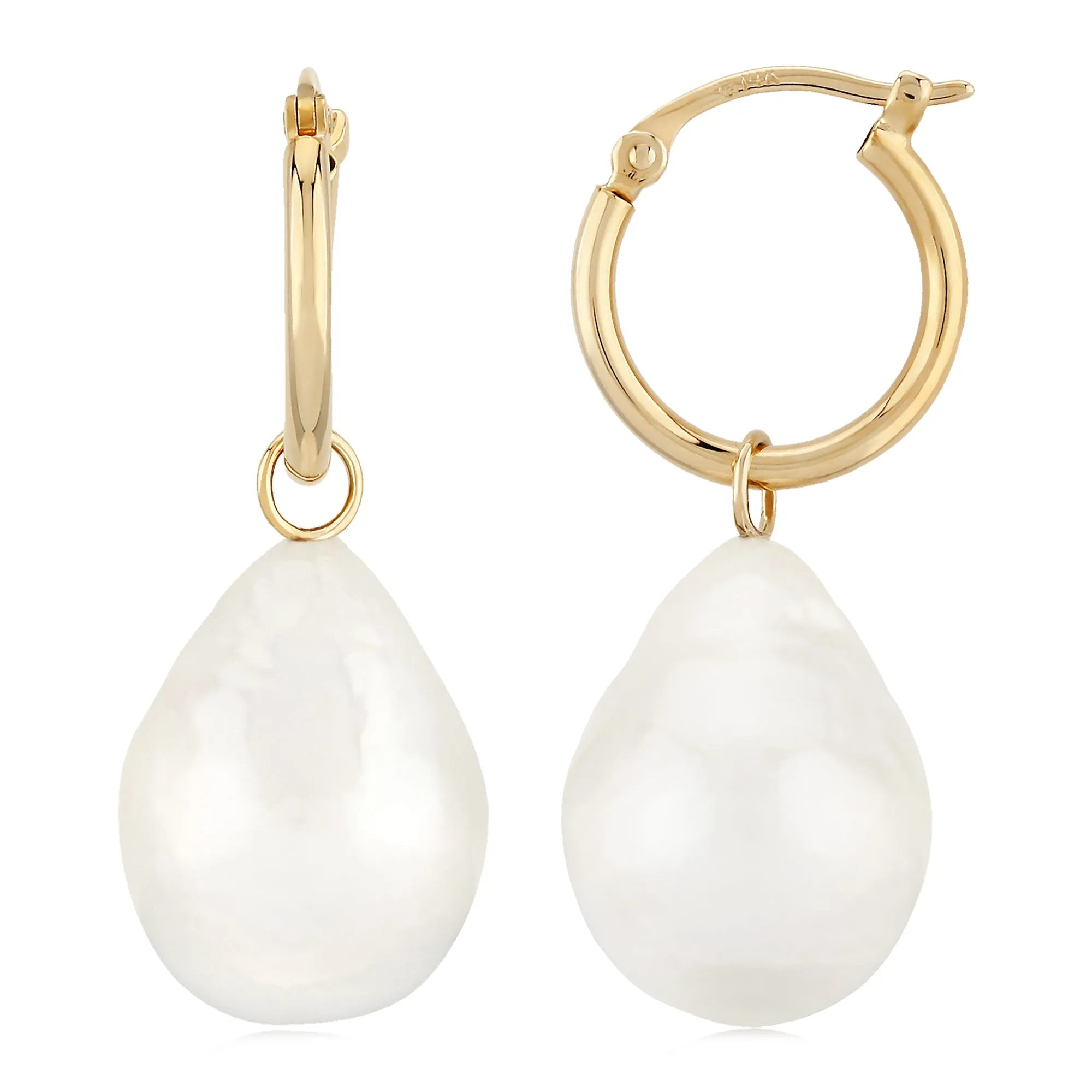 14K Yellow Gold Hoop Earrings with Baroque Pearl