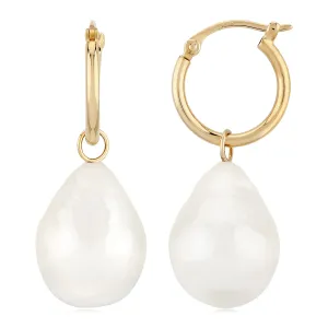 14K Yellow Gold Hoop Earrings with Baroque Pearl
