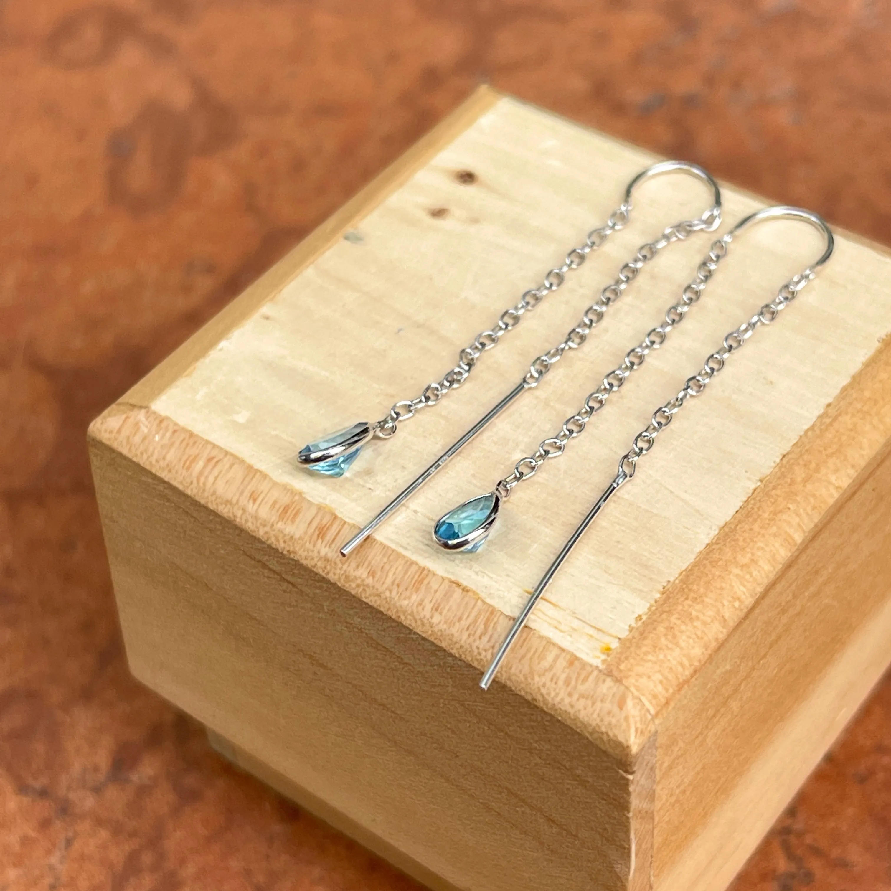 14KT White Gold Teardrop Swiss Blue Topaz Threader Earrings