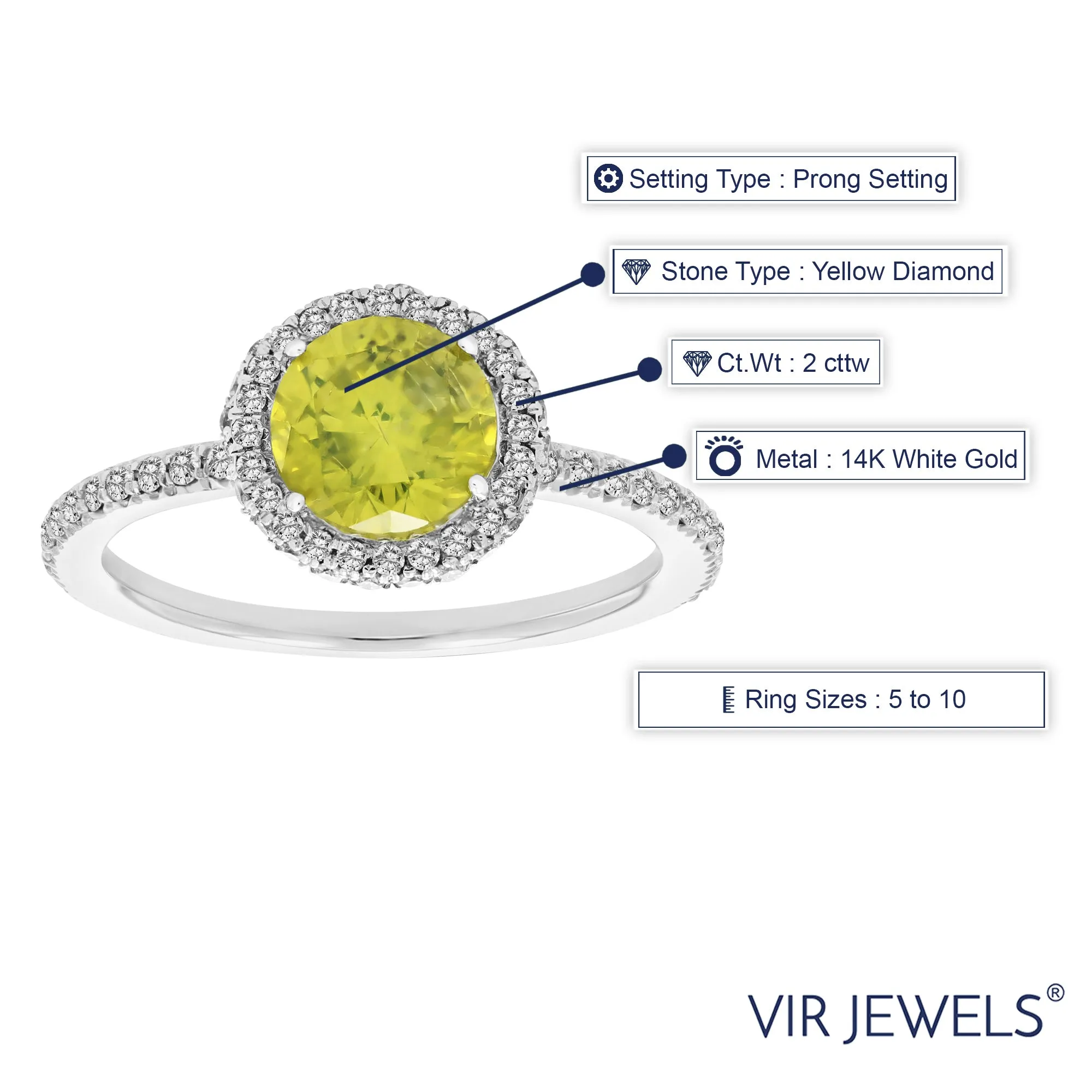 2 cttw Yellow Solitaire Diamond Engagement Rings in 14K White Gold