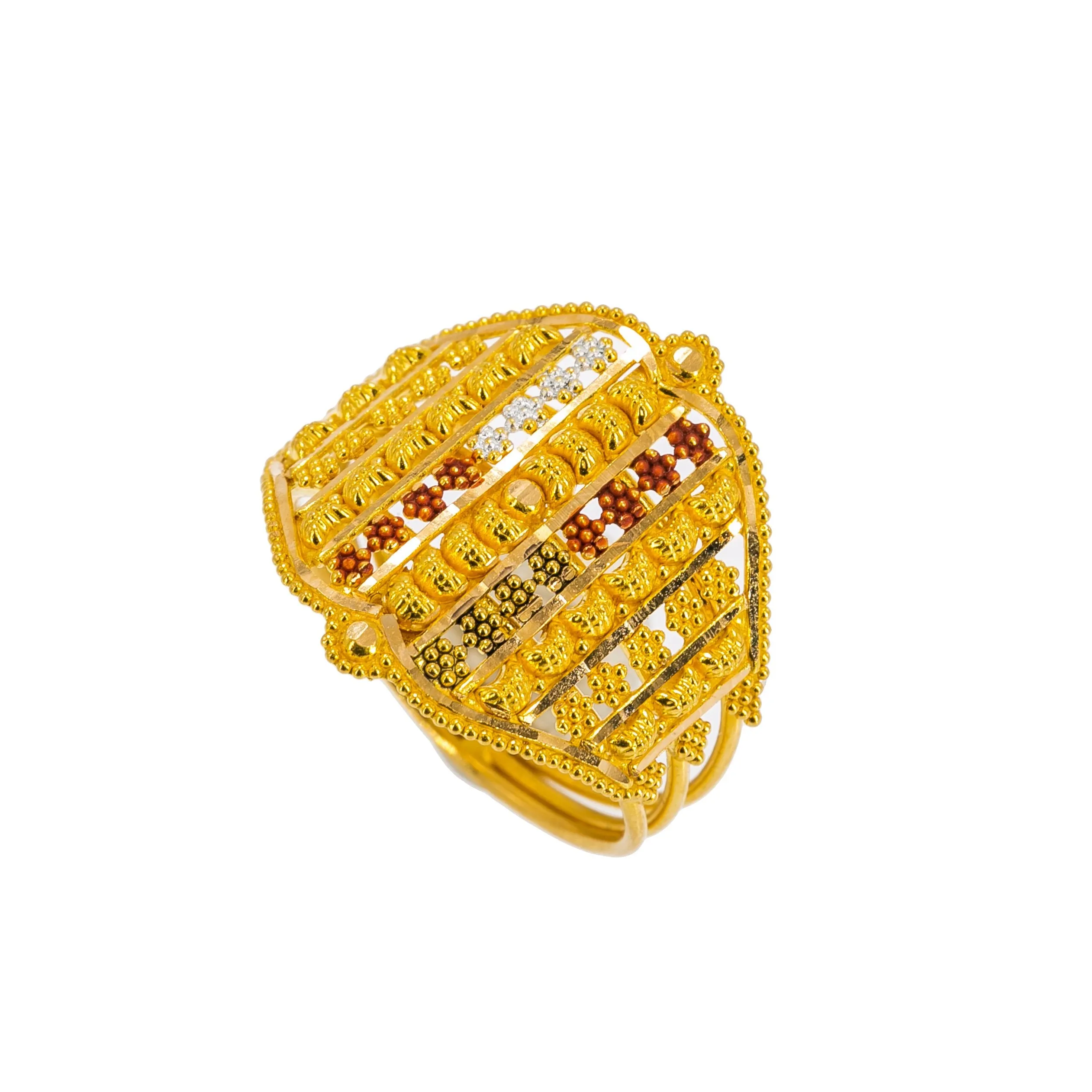 22K Yellow Gold Women's Ring W/ Beaded Filigree & Meenakari Details