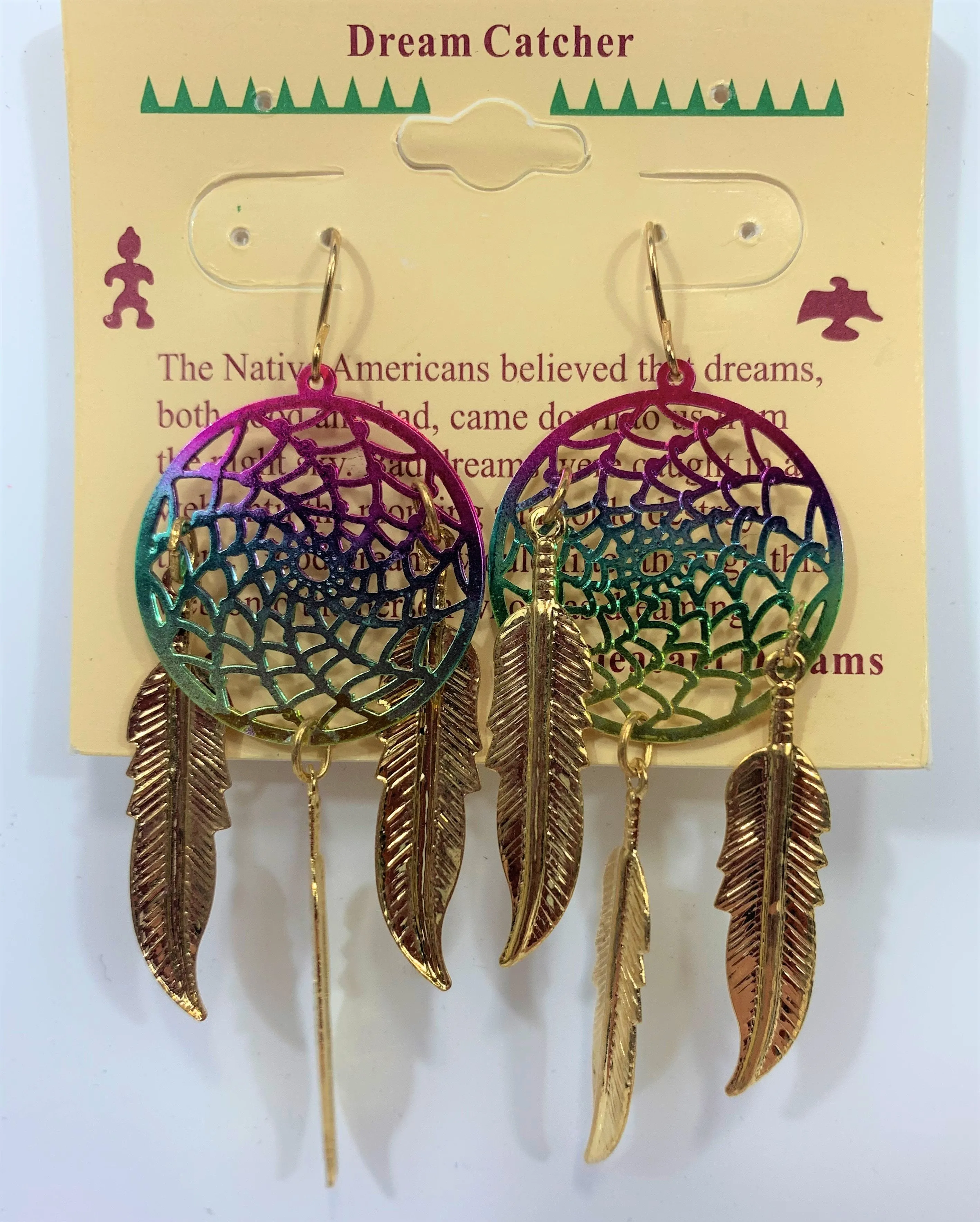 3 INCH METAL DREAM CATCHER RAINBOW DANGLE EARRINGS WITH FEATHERS (SOLD BY THE PAIR)