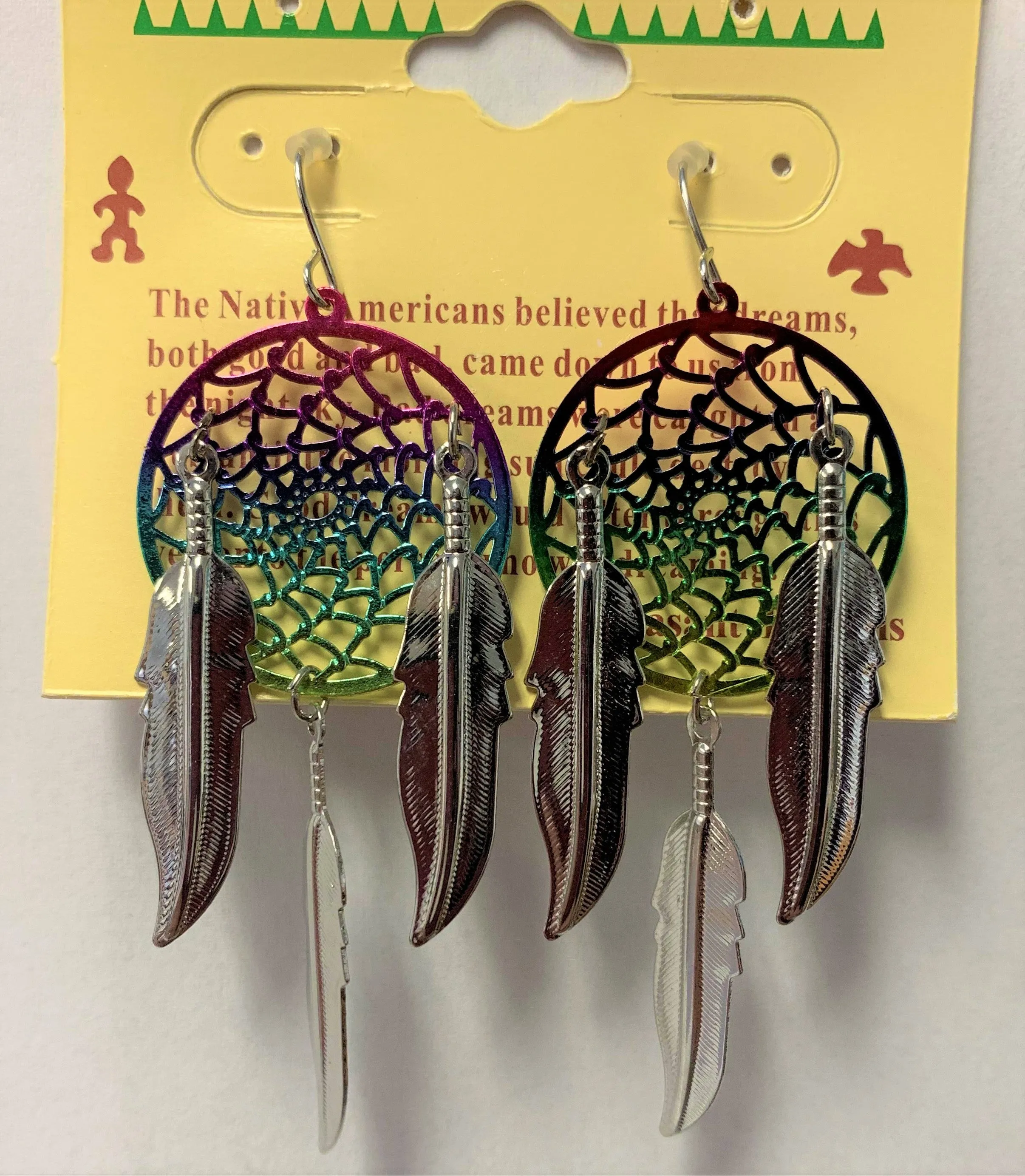 3 INCH METAL DREAM CATCHER RAINBOW with SILVER DANGLE EARRINGS WITH FEATHERS (SOLD BY THE PAIR)
