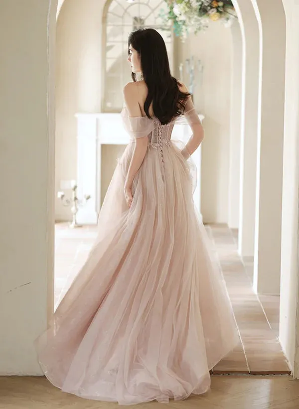 A-Line Princess Pink Off Shoulder Tulle Long Formal Off Shoulder Pink Long Prom Dress