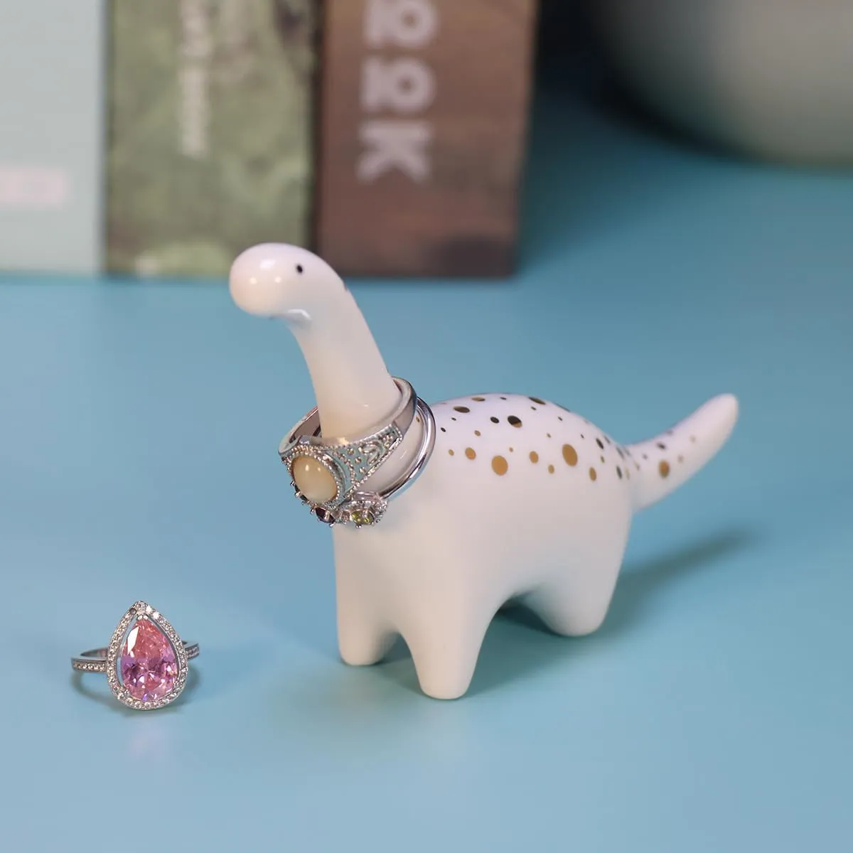 Adorable Little Ceramic Dinosaur Jewelry Ring Holder, Engagement and Wedding Ring Display Stand
