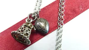 Antique Sterling Silver Black Heart And Wedding Bell Necklace