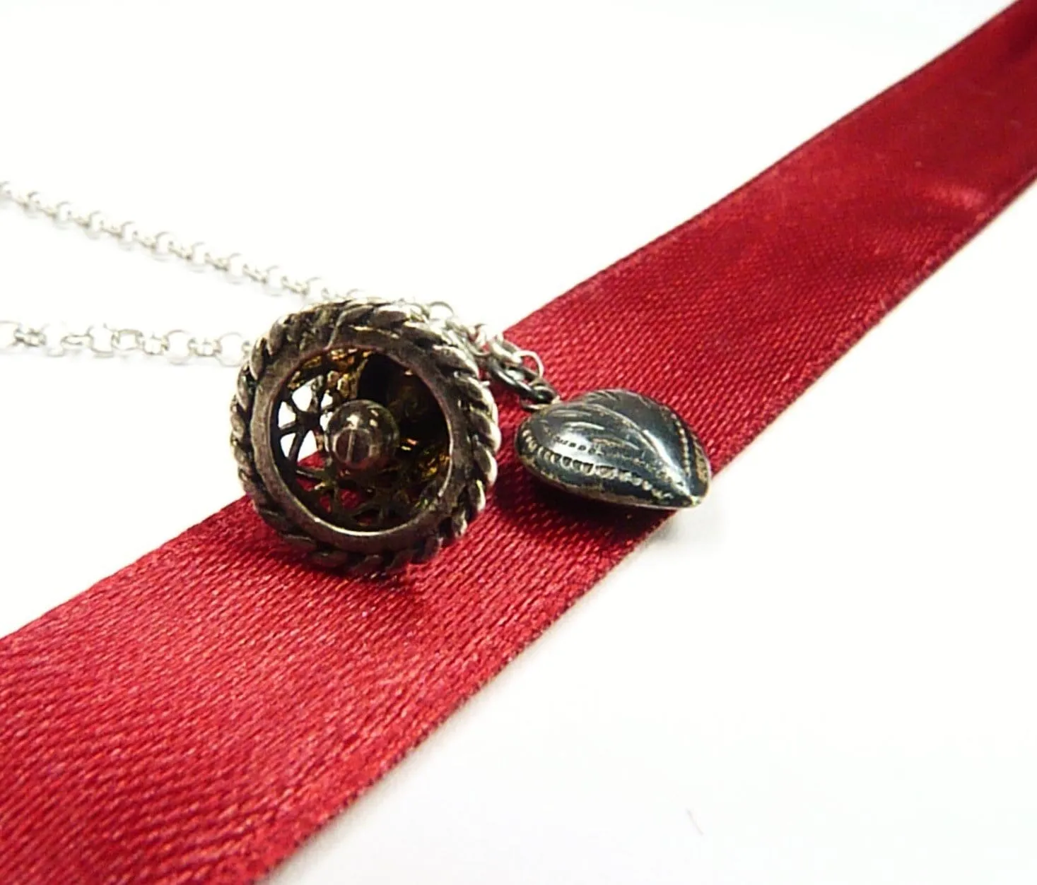 Antique Sterling Silver Black Heart And Wedding Bell Necklace