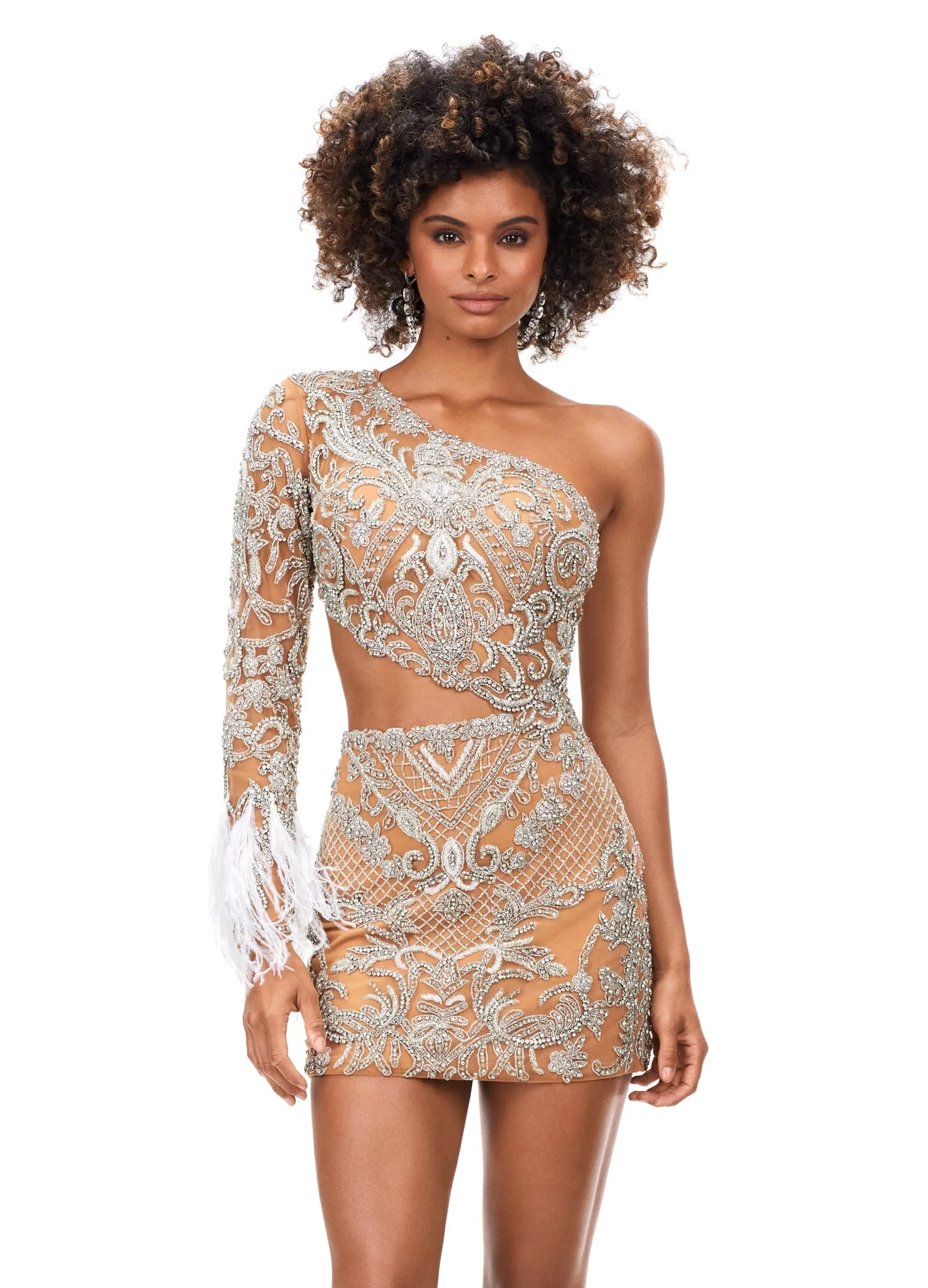 Ashley Lauren 4565 Cocktail Dress Fitted One Shoulder Beaded with Feather Details