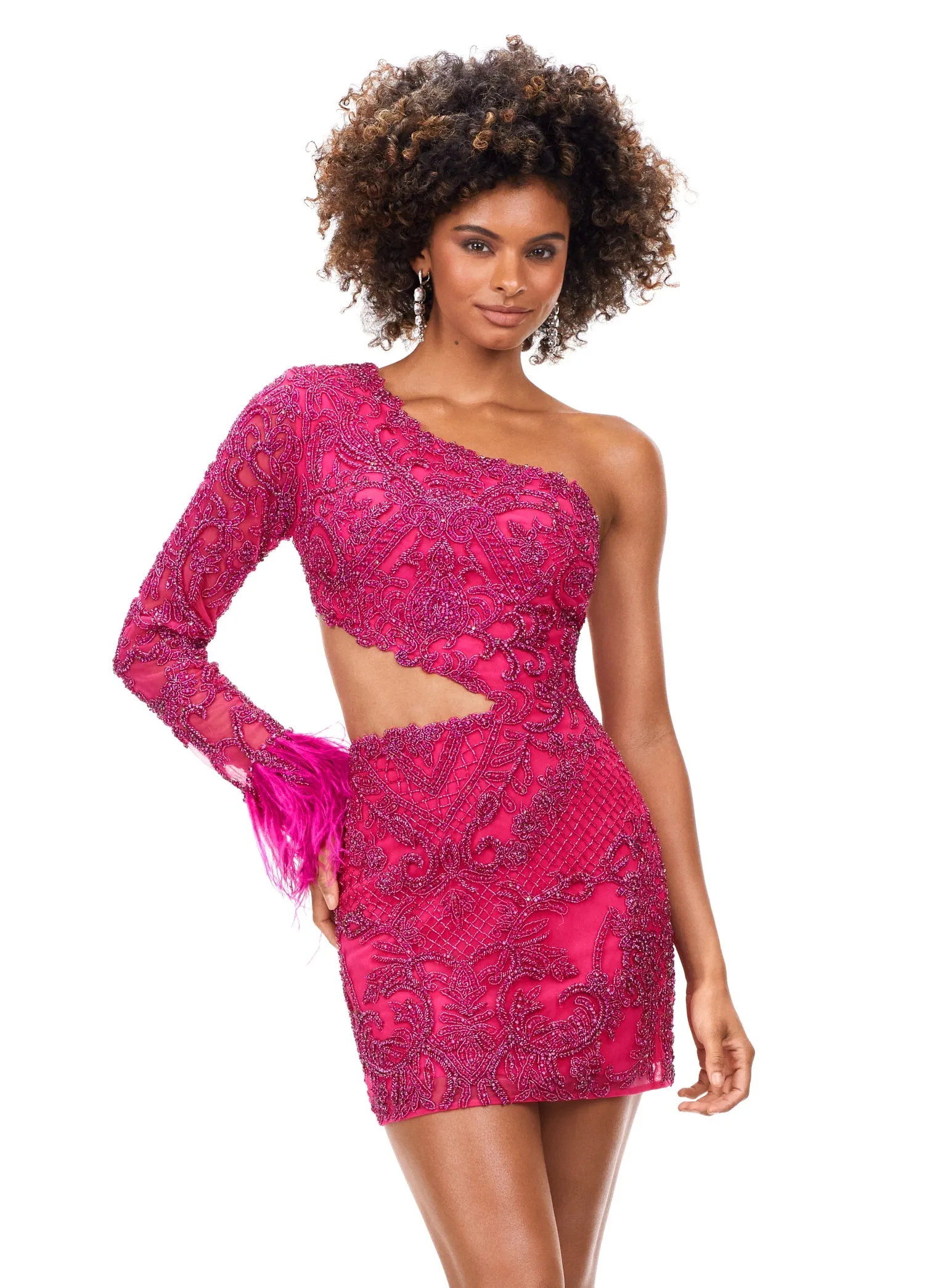 Ashley Lauren 4565 Cocktail Dress Fitted One Shoulder Beaded with Feather Details