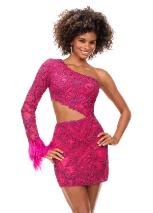 Ashley Lauren 4565 Cocktail Dress Fitted One Shoulder Beaded with Feather Details