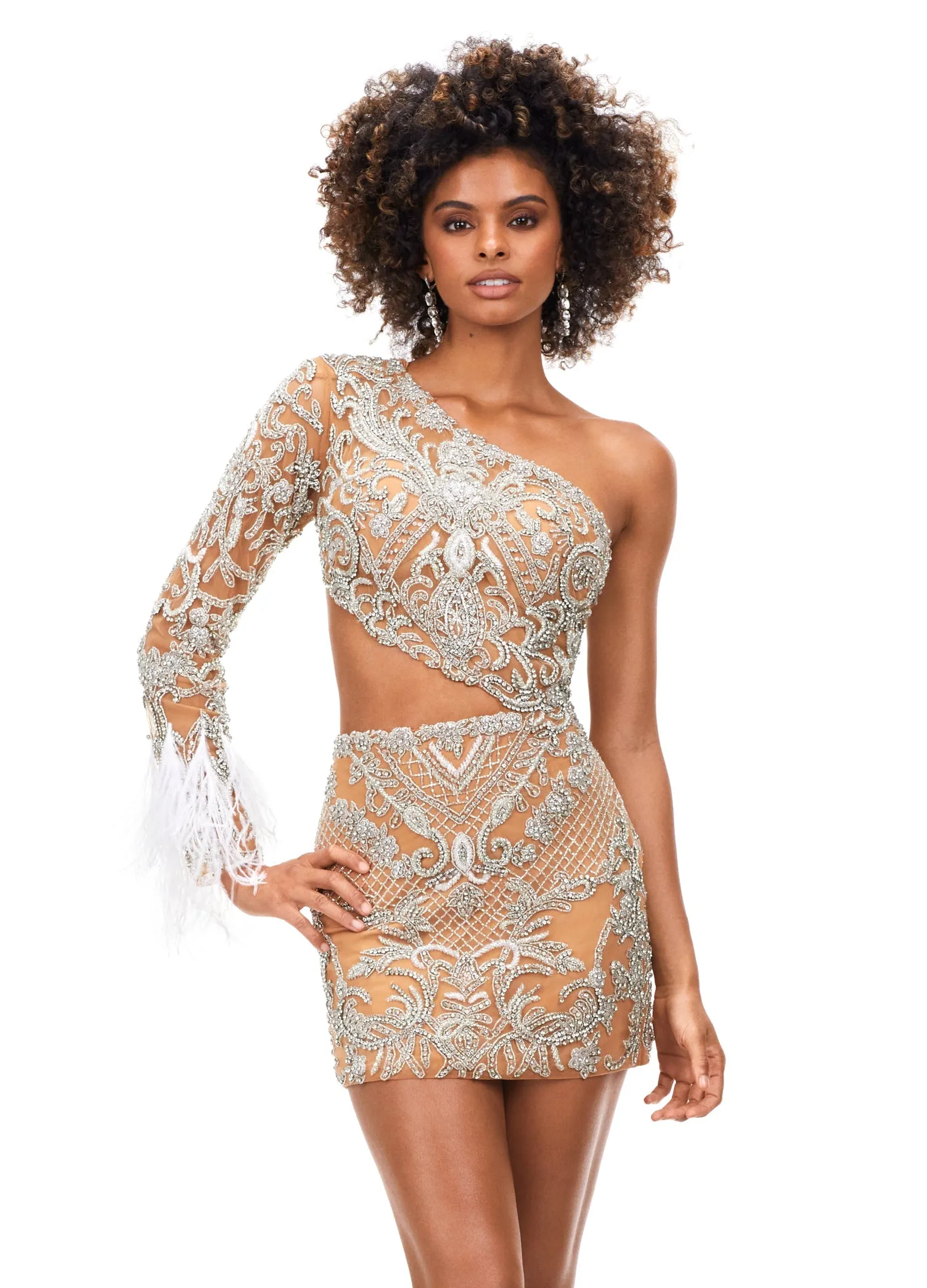 Ashley Lauren 4565 Cocktail Dress Fitted One Shoulder Beaded with Feather Details