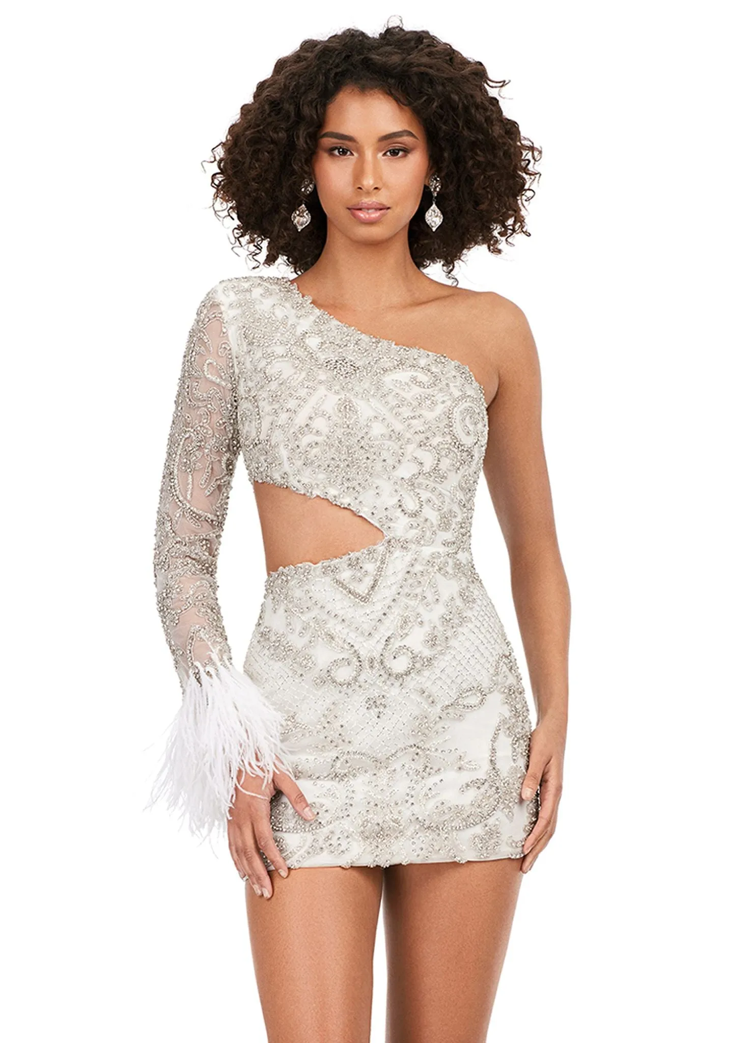 Ashley Lauren 4565 Cocktail Dress Fitted One Shoulder Beaded with Feather Details