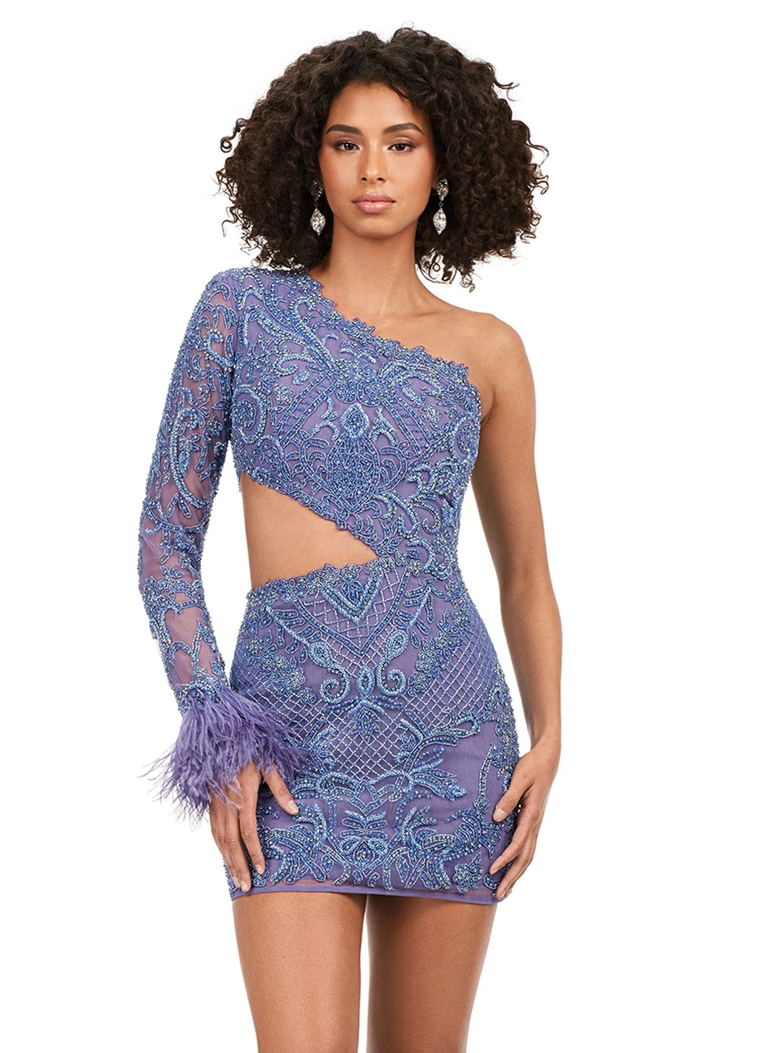 Ashley Lauren 4565 Cocktail Dress Fitted One Shoulder Beaded with Feather Details
