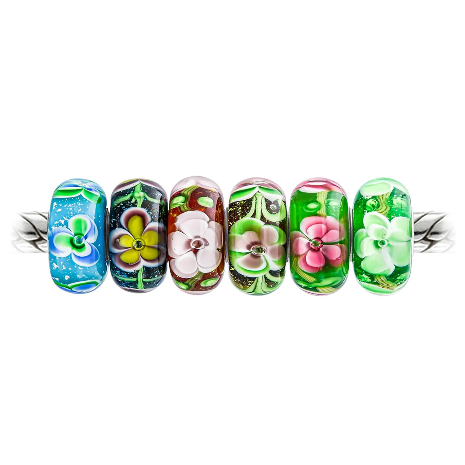 Assorted Set of 6 Floral Murano Glass Charm Beads with Sterling Silver Core