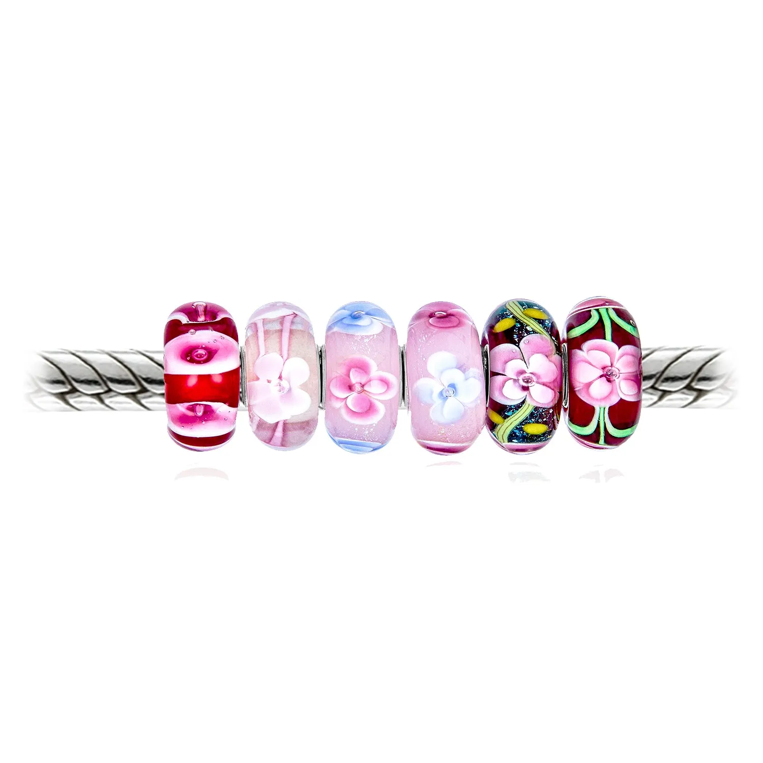 Assorted Set of 6 Floral Murano Glass Charm Beads with Sterling Silver Core