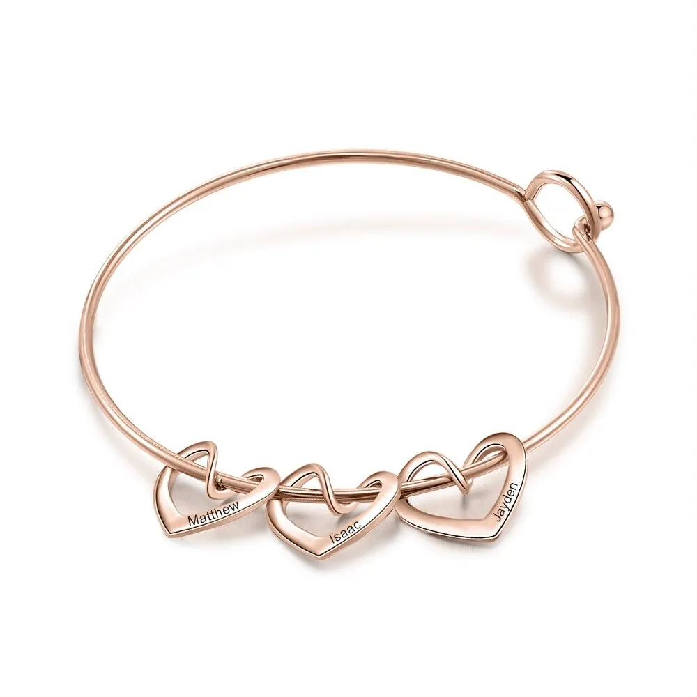 Bangle Bracelet with Personalized Name Heart Charms