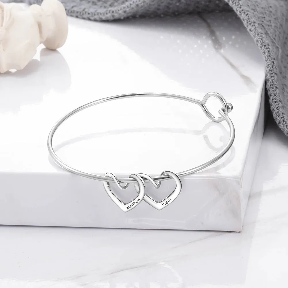 Bangle Bracelet with Personalized Name Heart Charms