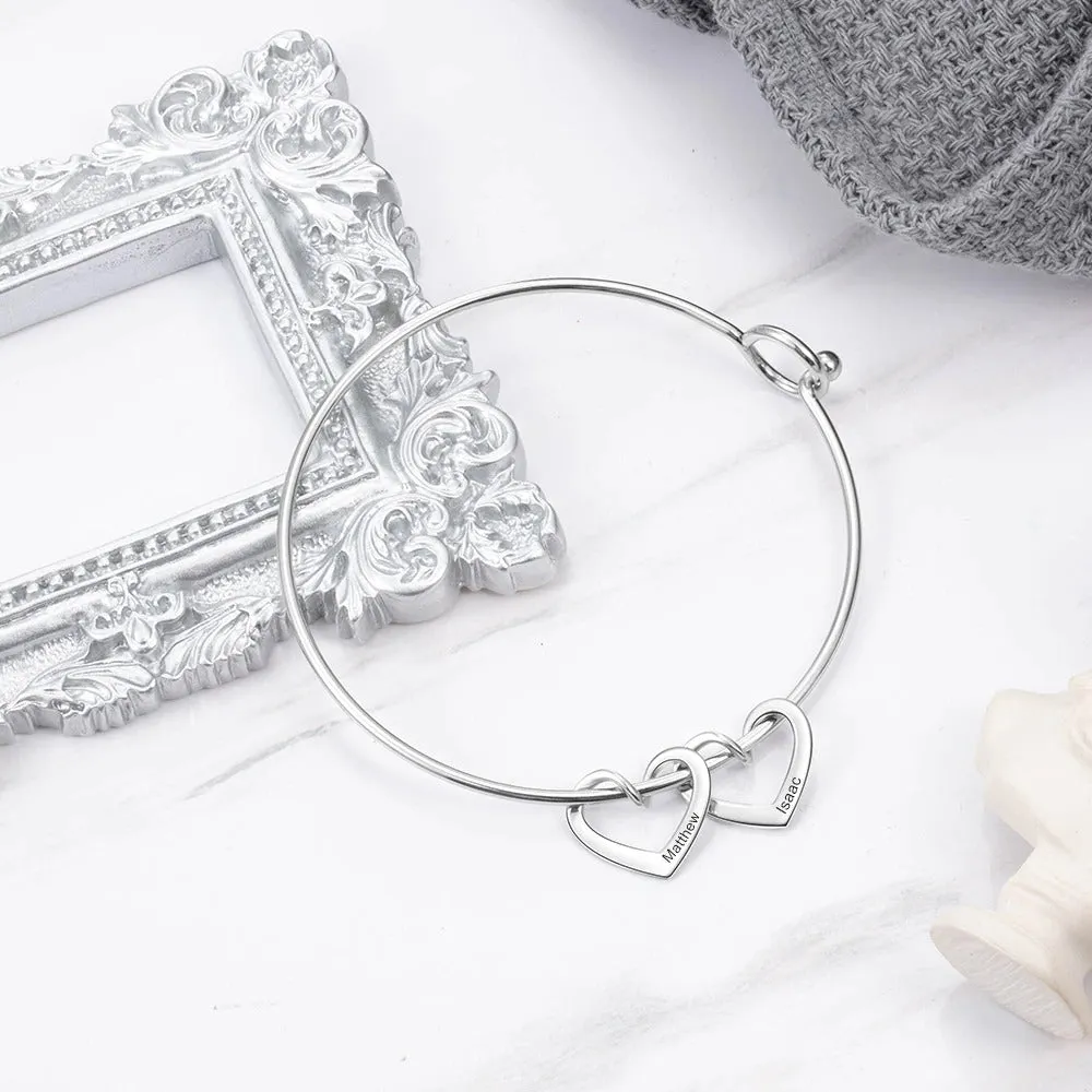 Bangle Bracelet with Personalized Name Heart Charms