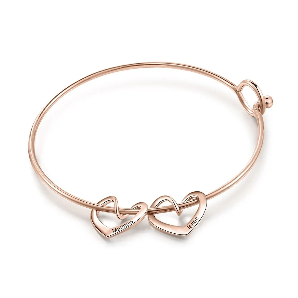 Bangle Bracelet with Personalized Name Heart Charms
