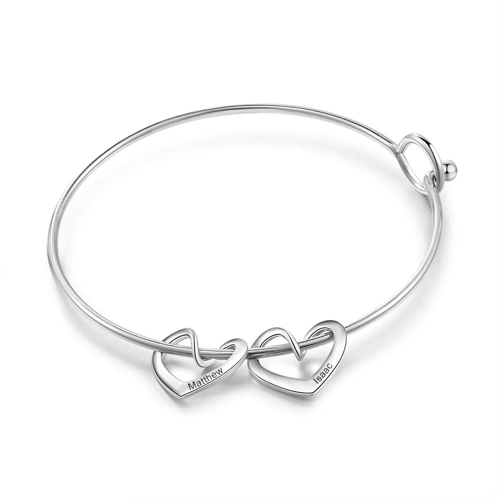 Bangle Bracelet with Personalized Name Heart Charms