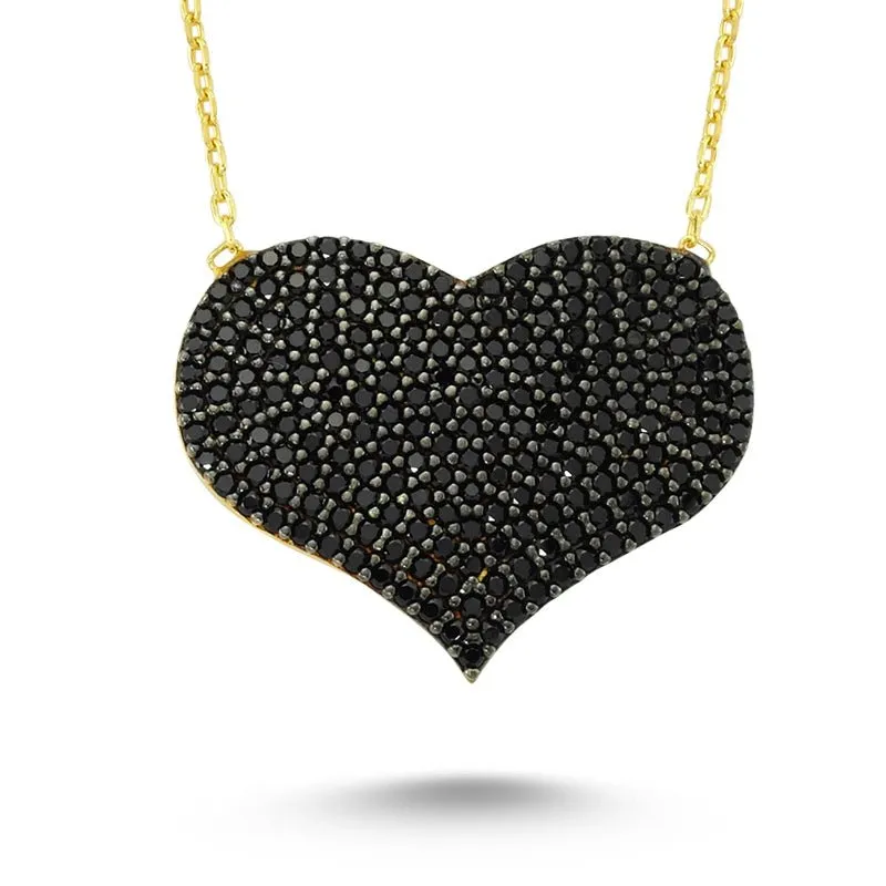 Black Silver Heart Necklace Pendant with Diamonds