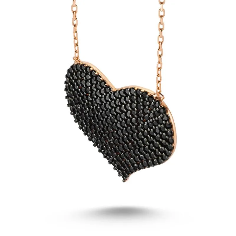 Black Silver Heart Necklace Pendant with Diamonds