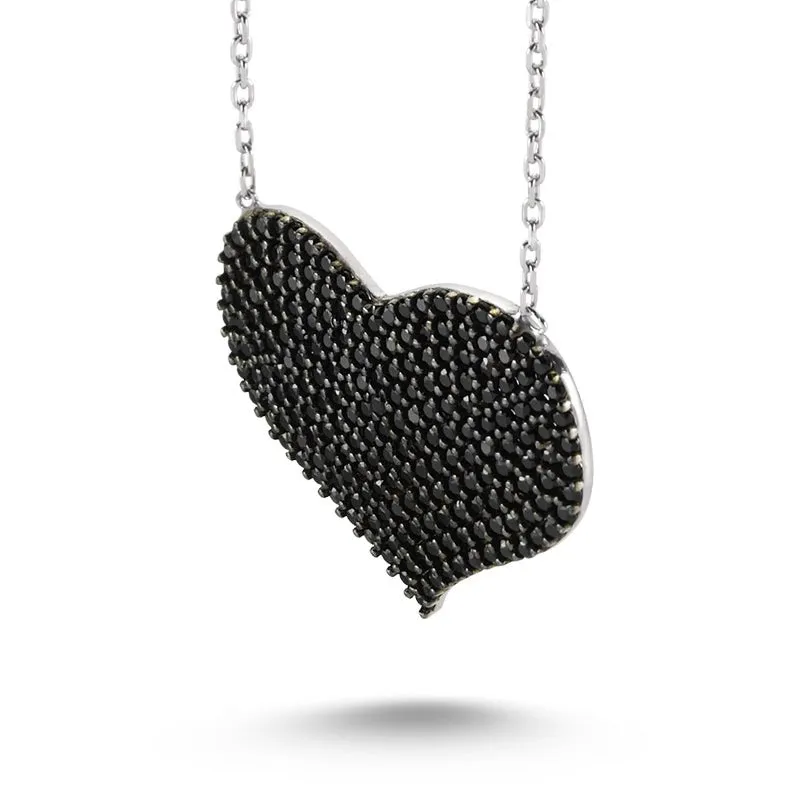 Black Silver Heart Necklace Pendant with Diamonds