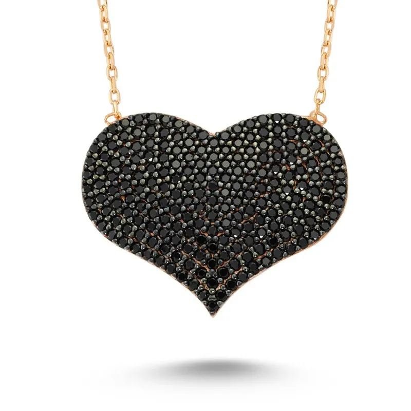 Black Silver Heart Necklace Pendant with Diamonds
