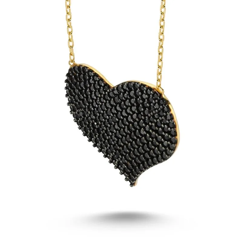 Black Silver Heart Necklace Pendant with Diamonds