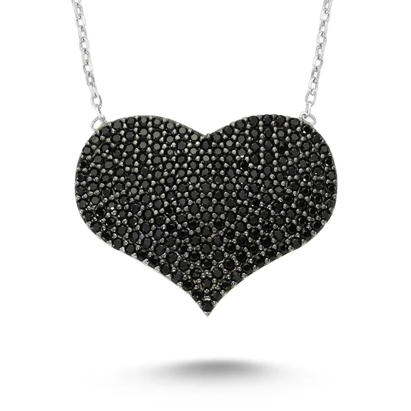 Black Silver Heart Necklace Pendant with Diamonds