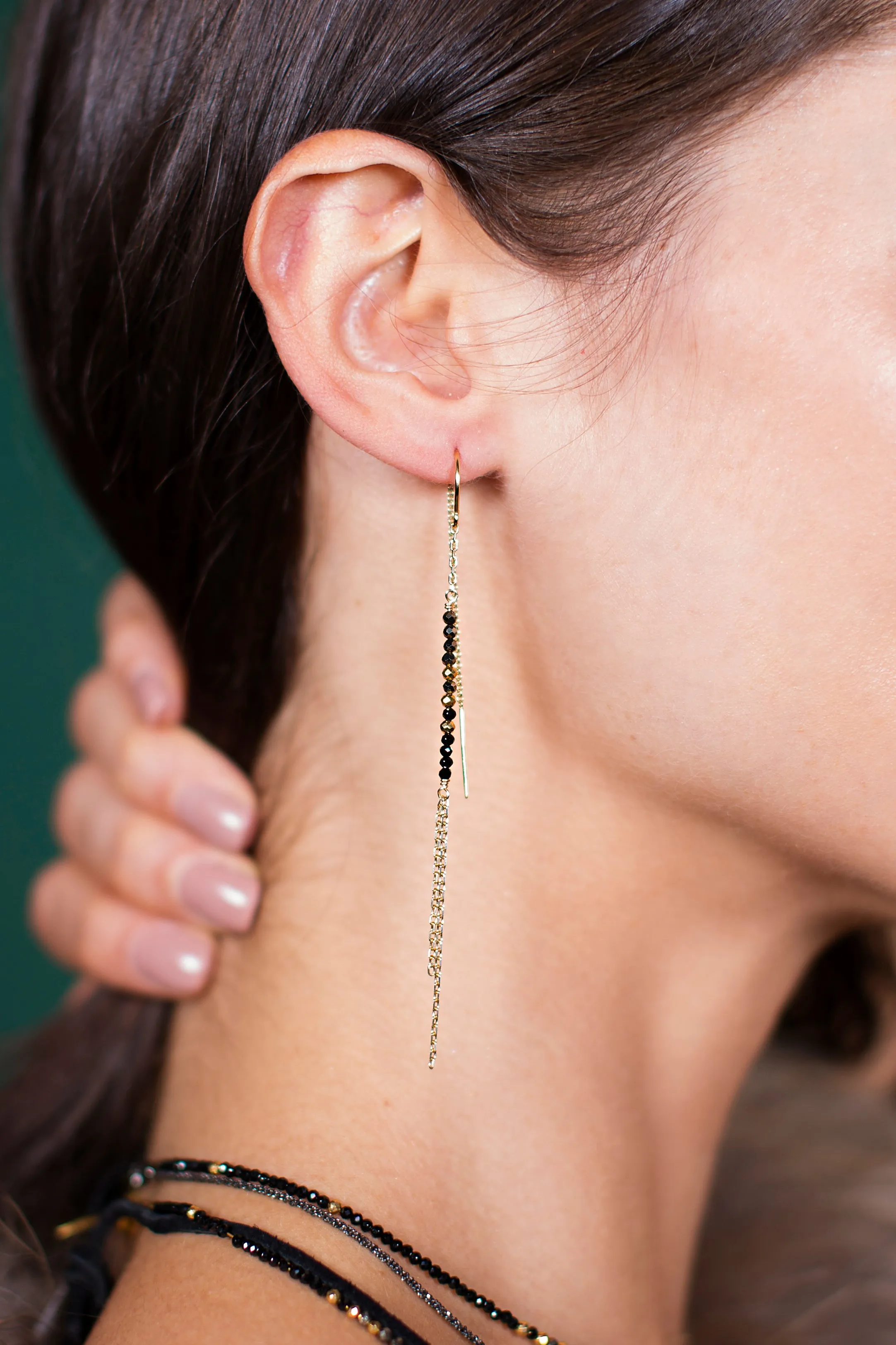 Black Spinel and Pyrite Threader Earrings