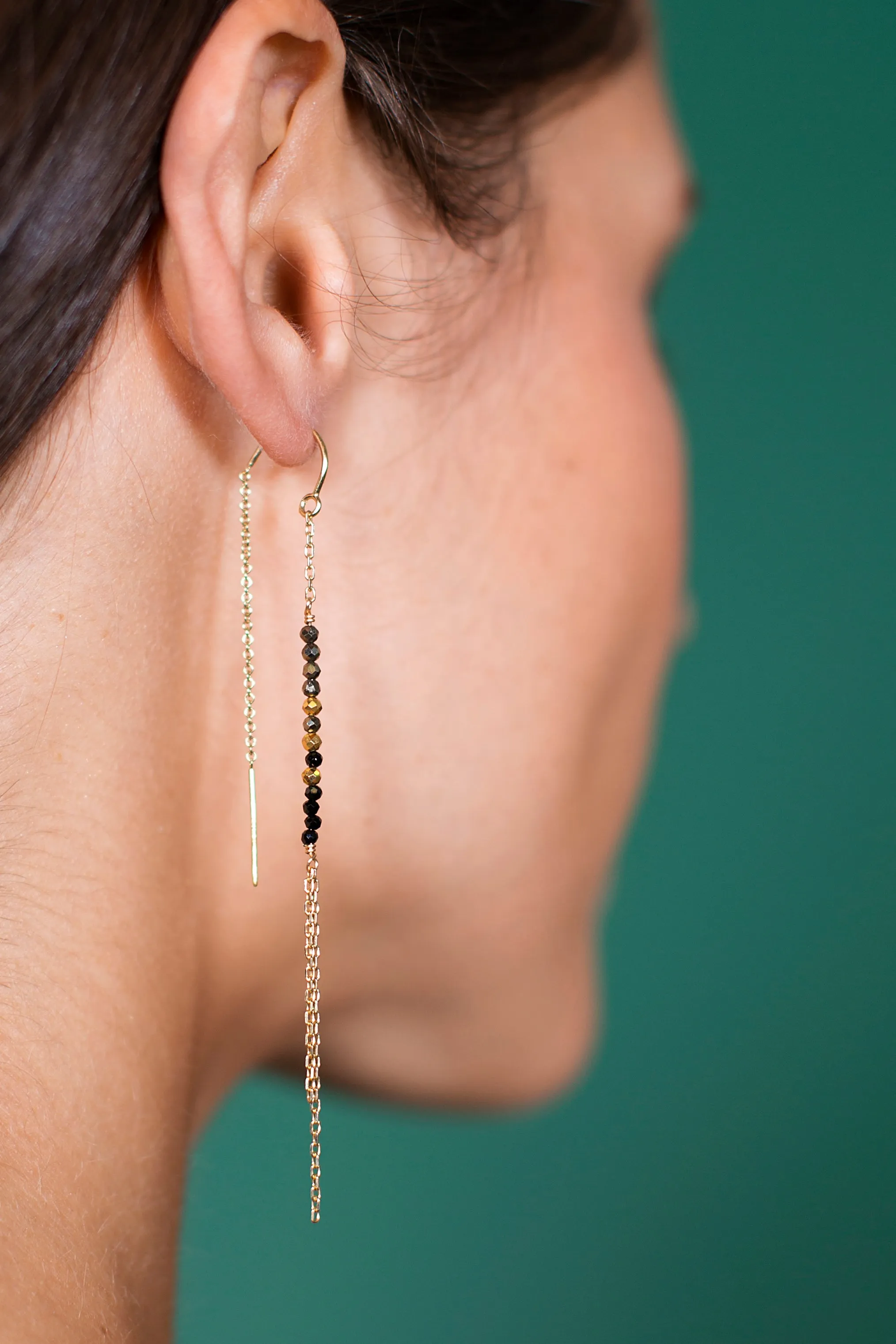 Black Spinel and Pyrite Threader Earrings