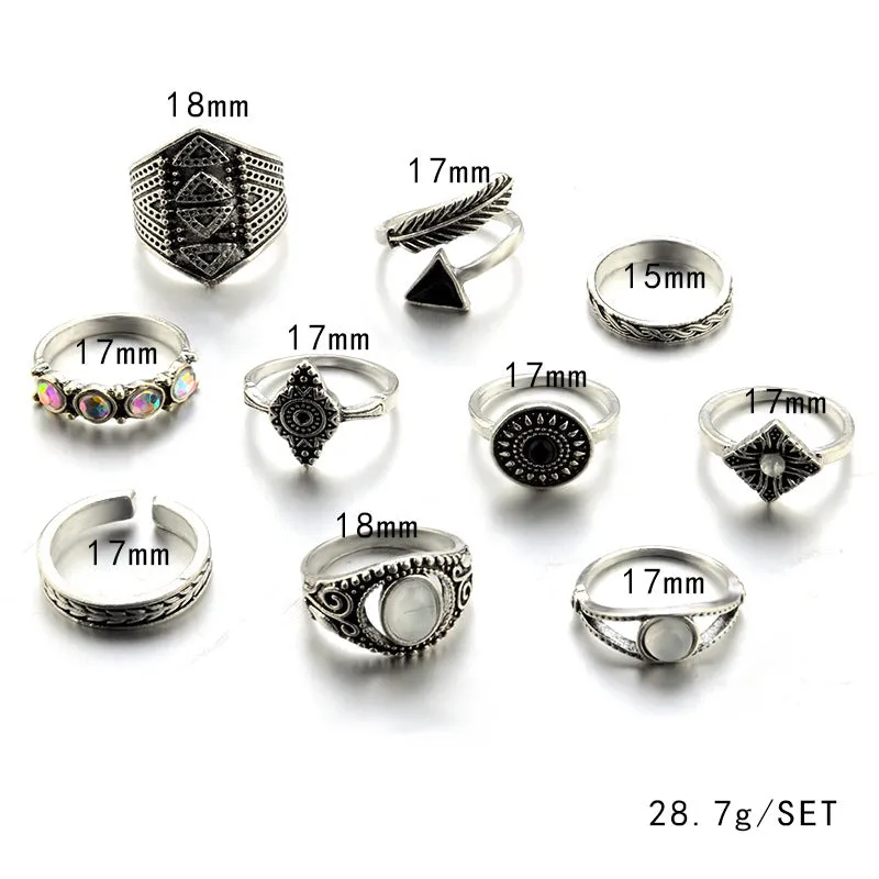 Bohemian 10pcs/Pack Vintage Blue stone Rings Lucky Stackable Midi Rings Set Knuckle Ring Rings for Women Jewelry Party