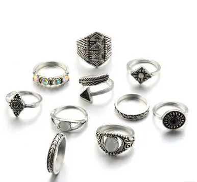 Bohemian 10pcs/Pack Vintage Blue stone Rings Lucky Stackable Midi Rings Set Knuckle Ring Rings for Women Jewelry Party