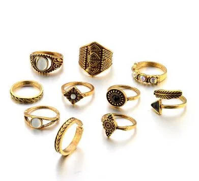 Bohemian 10pcs/Pack Vintage Blue stone Rings Lucky Stackable Midi Rings Set Knuckle Ring Rings for Women Jewelry Party