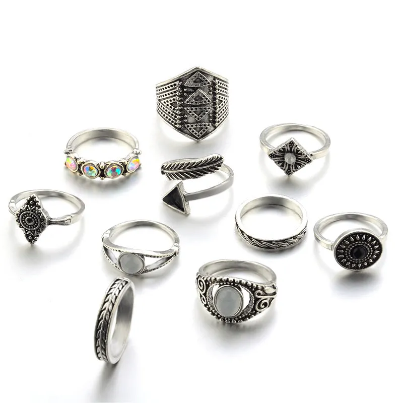 Bohemian 10pcs/Pack Vintage Blue stone Rings Lucky Stackable Midi Rings Set Knuckle Ring Rings for Women Jewelry Party