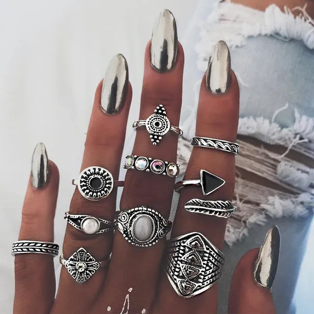 Bohemian 10pcs/Pack Vintage Blue stone Rings Lucky Stackable Midi Rings Set Knuckle Ring Rings for Women Jewelry Party