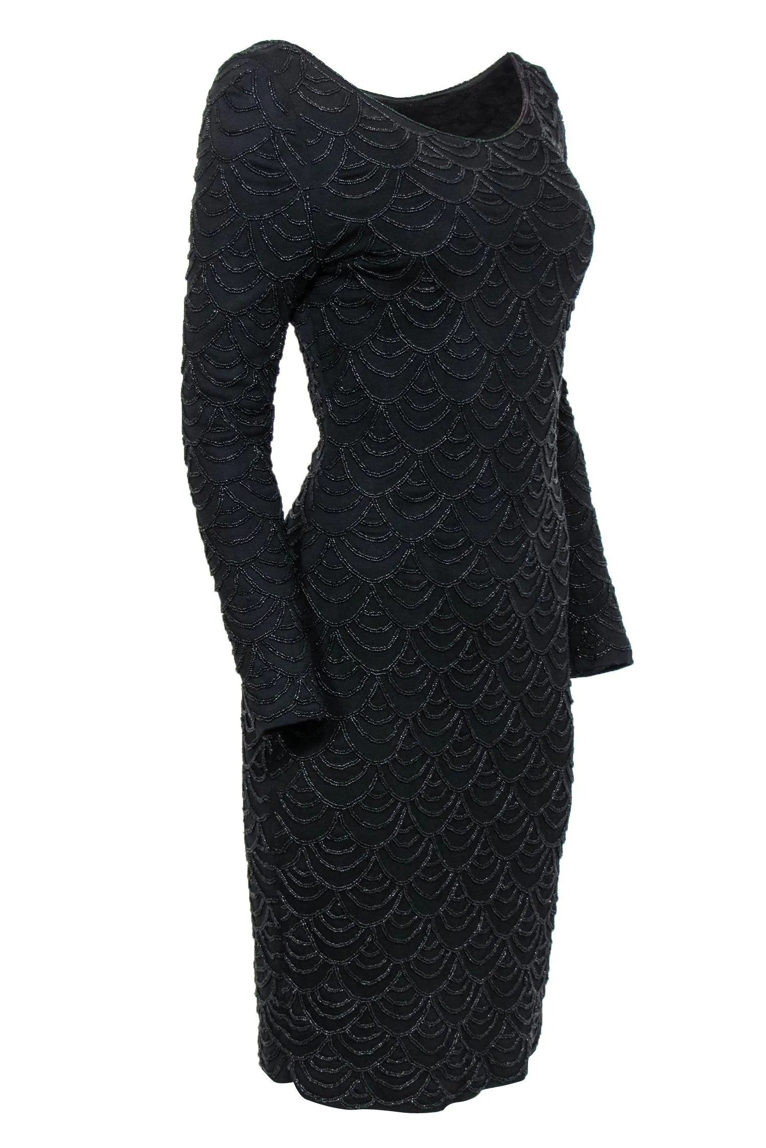 Carmen Marc Valvo - Black Beaded Long Sleeve Midi Dress Sz M