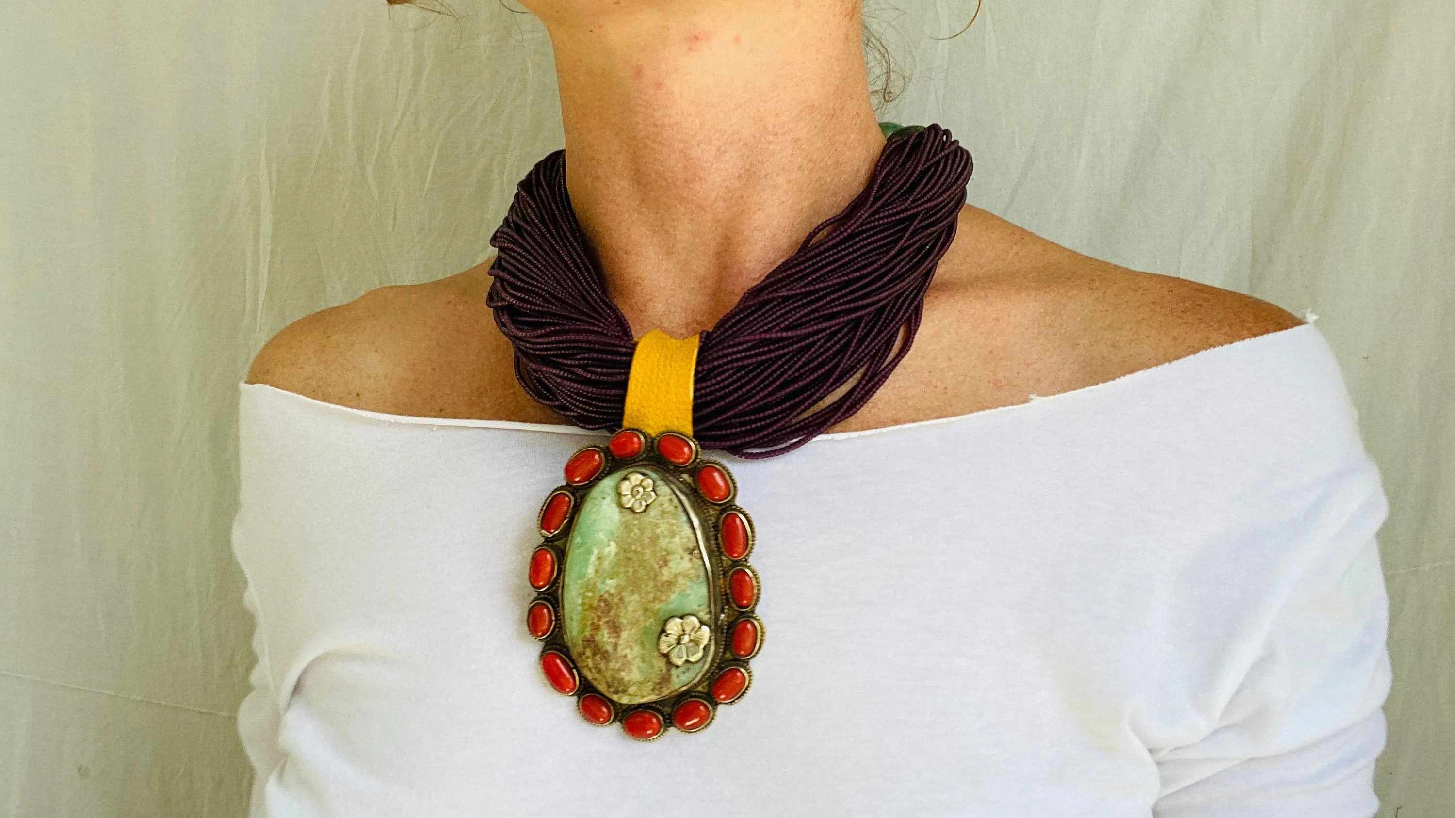 Chrysoprase Pendant Multi-Strand Necklace. Nepalese