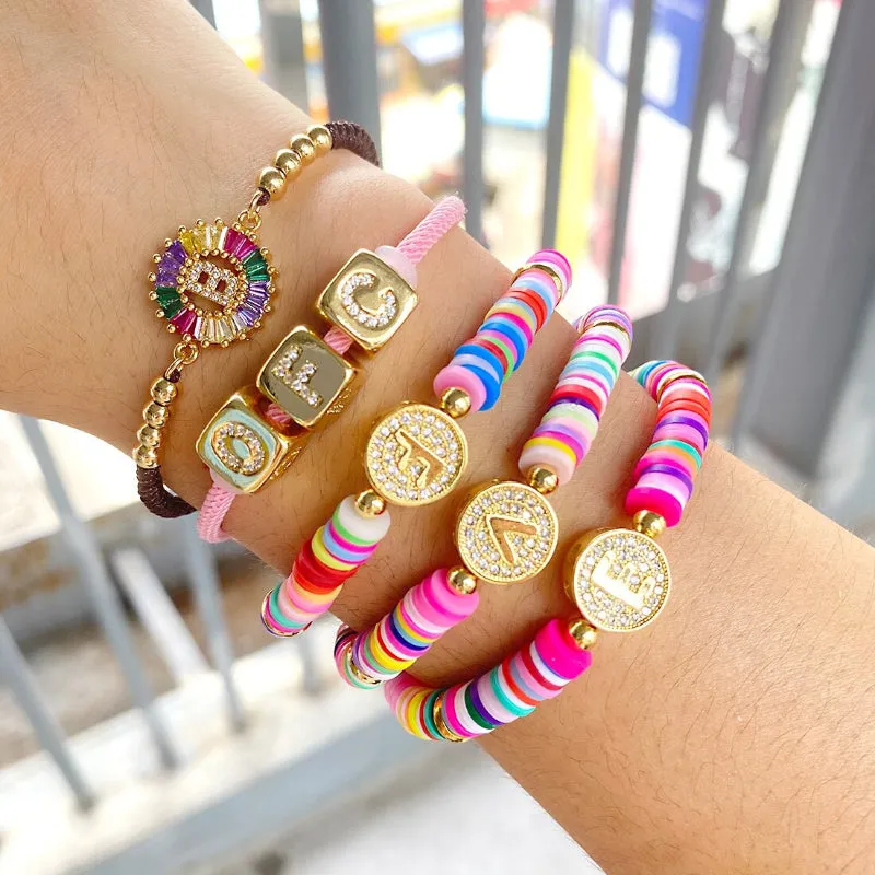 Colorful Zircon Encrusted Personalized A-Z Initial Charm Bracelets