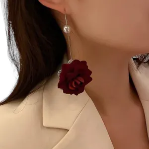 Crimson Rose Pearl Dangle Earrings