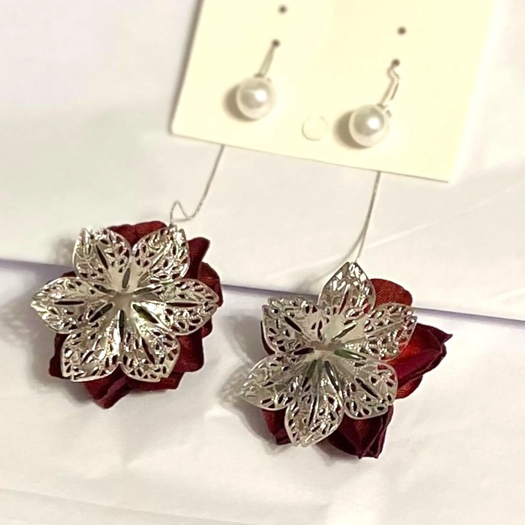 Crimson Rose Pearl Dangle Earrings