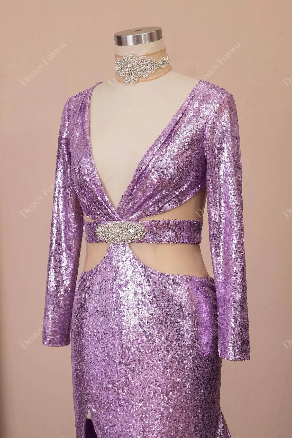 Crystals Lilac Sequin Sexy Plunging Neck Cut Out Slit Mermaid Dress