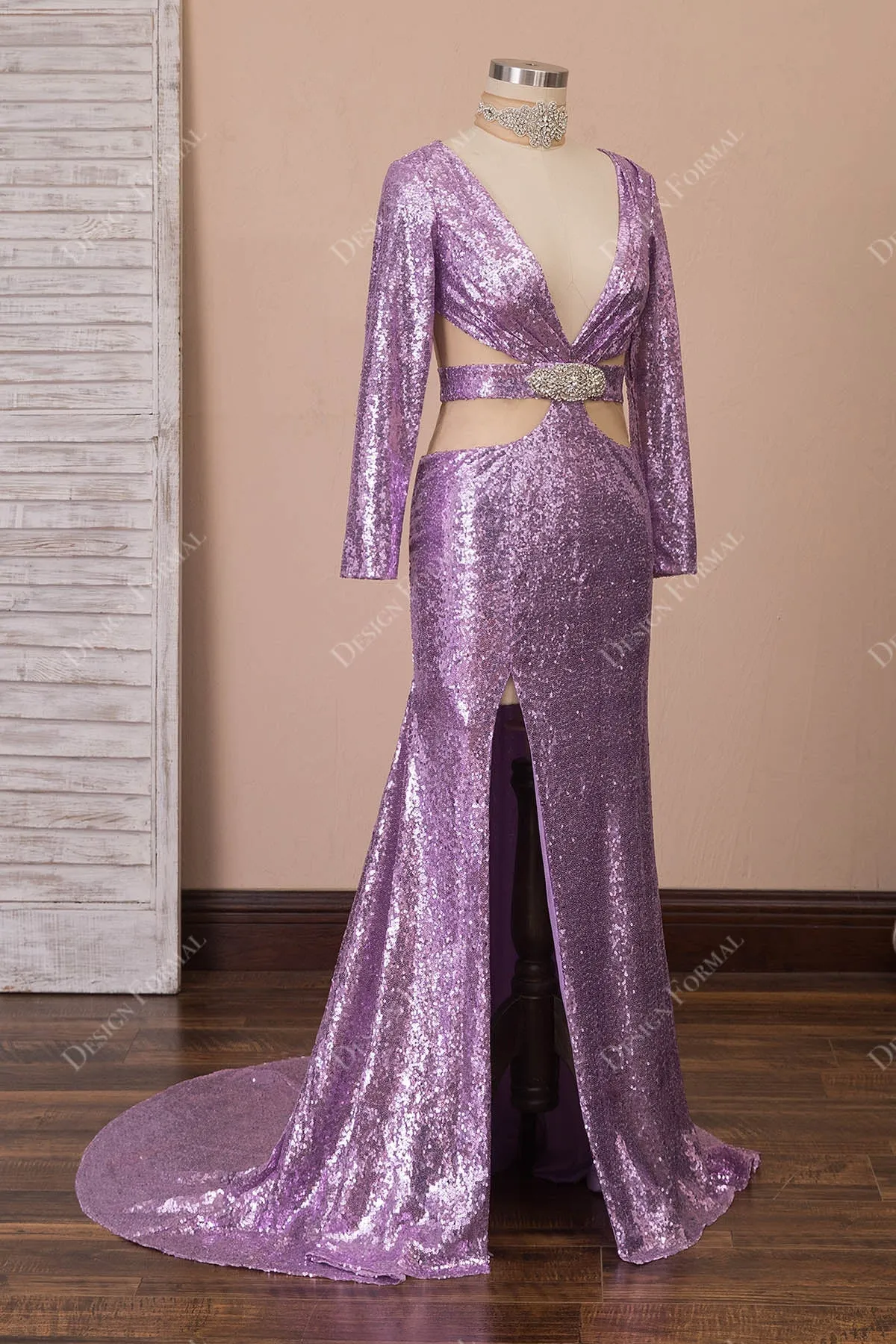Crystals Lilac Sequin Sexy Plunging Neck Cut Out Slit Mermaid Dress